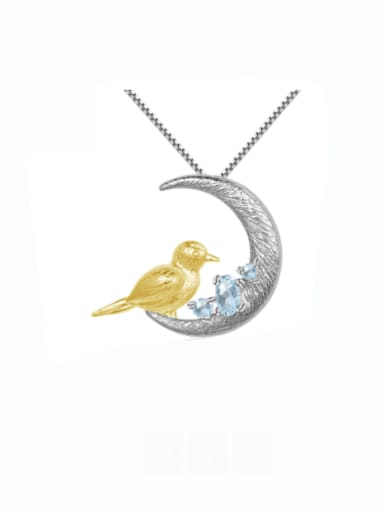 925 Sterling Silver Peridot Bird Artisan Moon Pendant  Necklace
