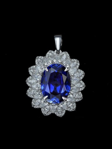 Blue corundum 11ct with pearl chain 925 Sterling Silver Cubic Zirconia Luxury Oval  Pendant