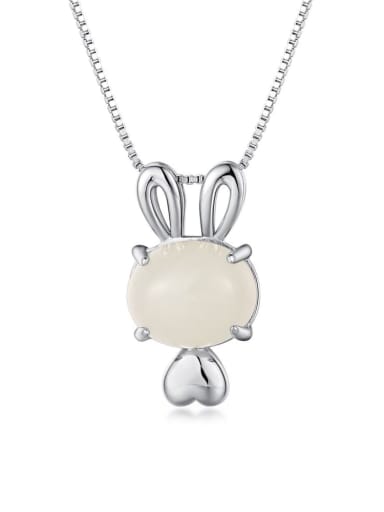 B2190003 S W WH 925 Sterling Silver Jade Rabbit Cute Necklace