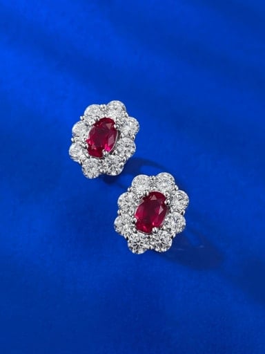 E518 Pigeon Blood Red 925 Sterling Silver Cubic Zirconia Flower Luxury Cluster Earring