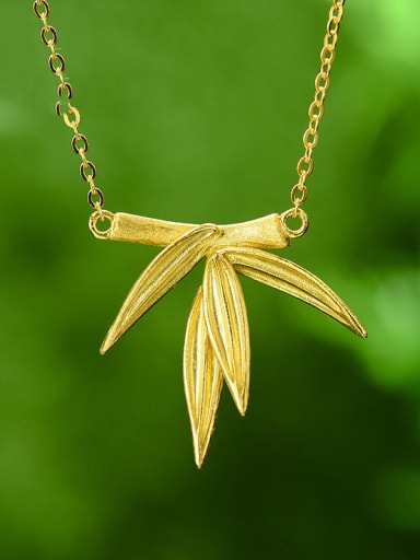 golden 925 Sterling Silver Bamboo leaves nature fresh design Artisan Necklace