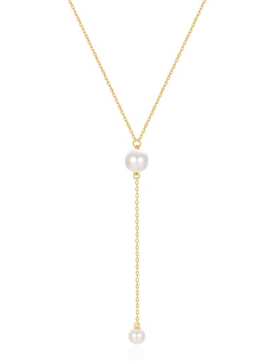 golden 925 Sterling Silver Imitation Pearl Tassel Minimalist Lariat Necklace