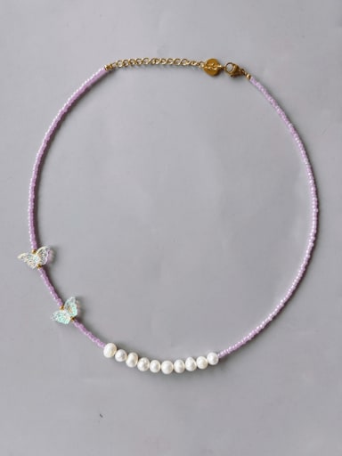 Purple 38 +5cm Titanium Steel Natural Stone Multi Color Butterfly Bohemia Beaded Necklace