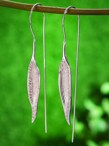 silver 925 Sterling Silver Bamboo leaves blowing morning dew Artisan Hook Earring