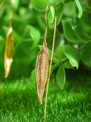 golden 925 Sterling Silver Bamboo leaves blowing morning dew Artisan Hook Earring