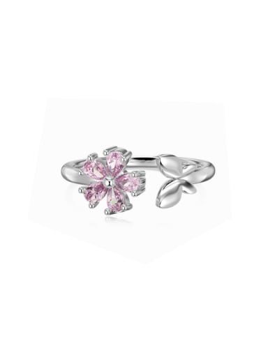Platinum +Pink 925 Sterling Silver Cubic Zirconia Flower Dainty Band Ring