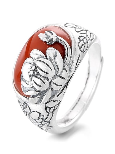 925 Sterling Silver Natural Stone Flower Vintage Band Ring