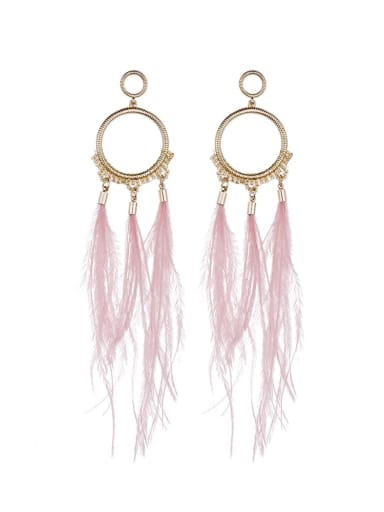 Pink e68681 Alloy Feather Round Bohemia Hand woven Drop Earring