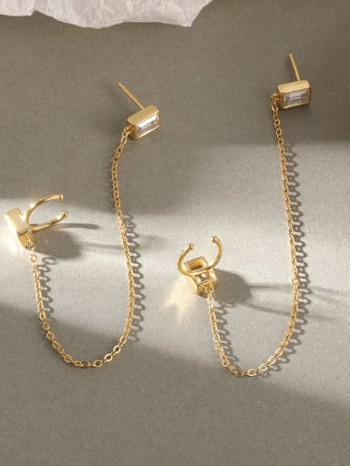 E355E Gold 925 Sterling Silver Cubic Zirconia Geometric Minimalist Threader Earring