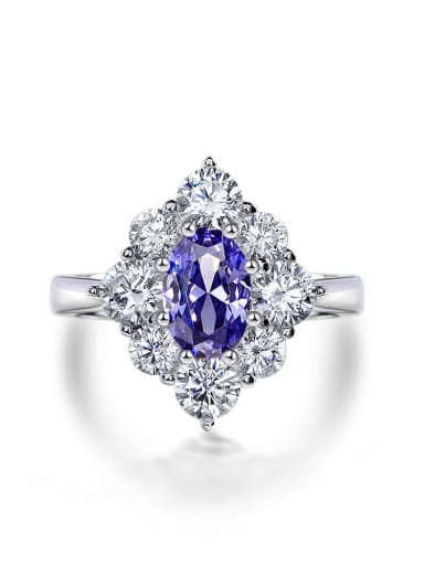 925 Sterling Silver High Carbon Diamond Blue Flower Ring