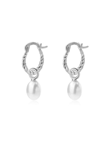 925 Sterling Silver Imitation Pearl Geometric Luxury Huggie Earring