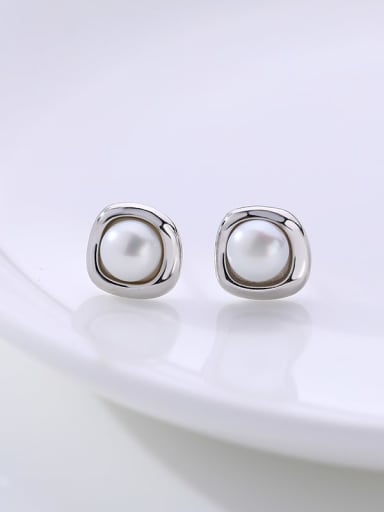 E2604 Platinum 925 Sterling Silver Imitation Pearl Geometric Minimalist Stud Earring