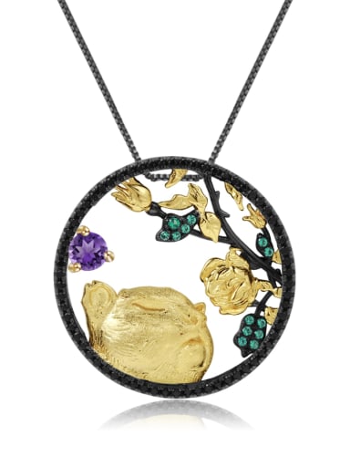 Natural Amethyst Pendant  Necklace 925 Sterling Silver Natural Color Treasure Topaz Zodiac Vintage Necklace