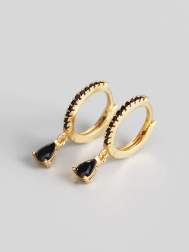 4#Gold (Blackstone) 925 Sterling Silver Rhinestone Black Geometric Classic Huggie Earring
