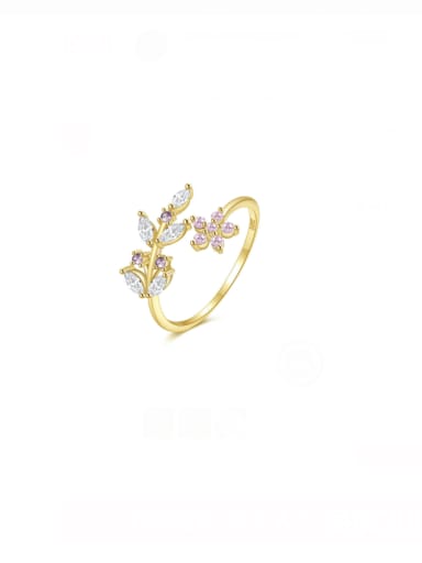 golden 925 Sterling Silver Cubic Zirconia Leaf Dainty Band Ring