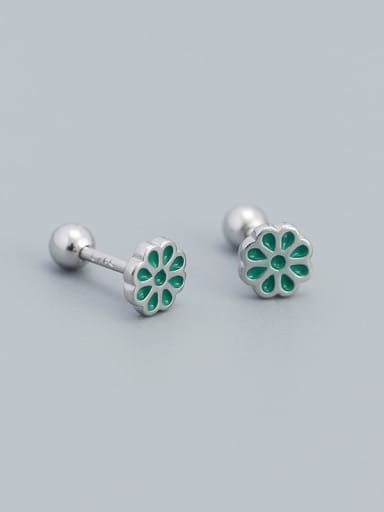 Platinum (green) 925 Sterling Silver Enamel Flower Minimalist Stud Earring