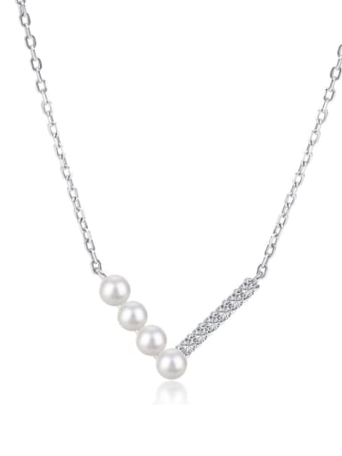 YC190175 S W WH 925 Sterling Silver Imitation Pearl Geometric Minimalist Necklace