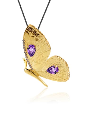 Natural Amethyst Pendant +chain 925 Sterling Silver Amethyst Butterfly Vintage Necklace