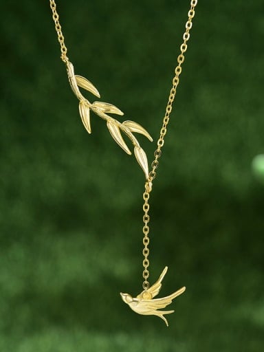 Gold lfjf0082a 925 Sterling Silver willow warbler flower swallow irregular Artisan Lariat Necklace