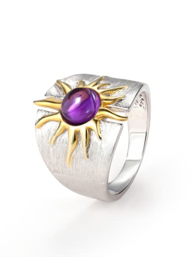 Sun Goddess Natural Amethyst Ring 925 Sterling Silver Carnelian Irregular Sun Artisan Band Ring
