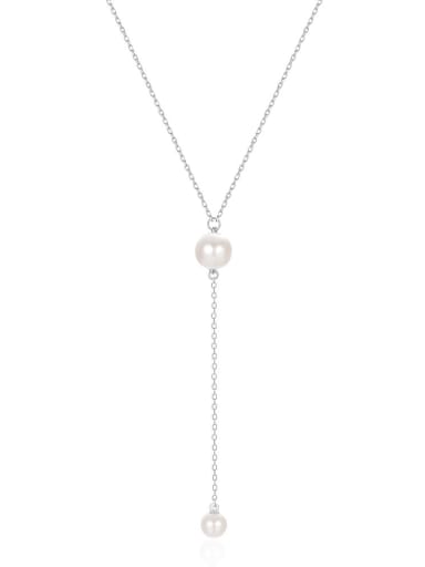 925 Sterling Silver Imitation Pearl Tassel Minimalist Lariat Necklace