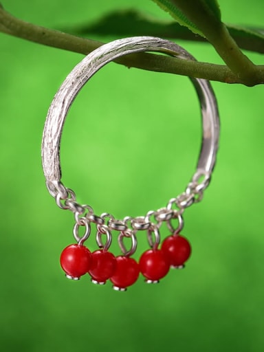 silver 925 Sterling Silver Tassel Christmas Holly Fruit Imitation Coral Artisan Band Ring