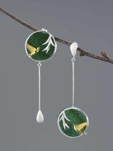 925 Sterling Silver National Tide Retro Natural Stone Asymmetric Clouds Water Drops Birds Drop Earring