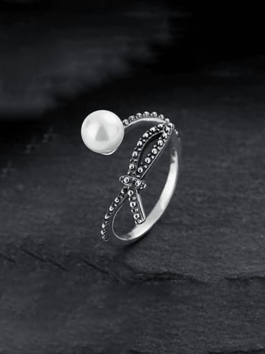 925 Sterling Silver Imitation Pearl Bowknot Vintage Ring