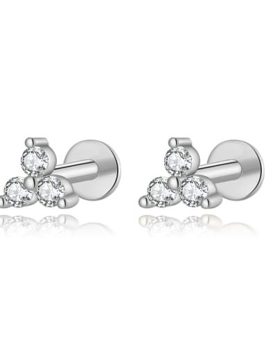 Platinum [Three Stones] 925 Sterling Silver Cubic Zirconia Flower Dainty Stud Earring