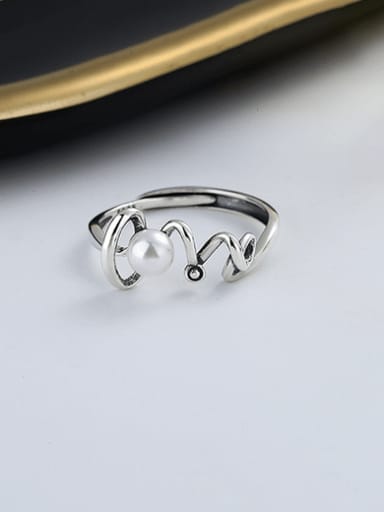 418fjb about 2.36g 925 Sterling Silver Imitation Pearl Irregular Line Vintage Band Ring