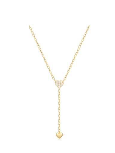 golden 925 Sterling Silver Cubic Zirconia Heart Tassel Minimalist Lariat Necklace