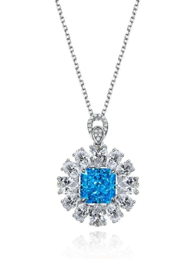 Sea blue [P 1114] 925 Sterling Silver High Carbon Diamond Flower Luxury Necklace