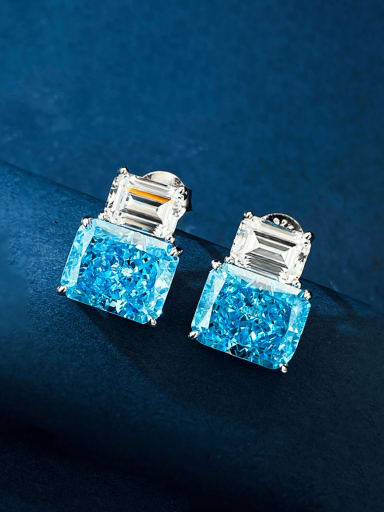 E297 Sea Blue 925 Sterling Silver High Carbon Diamond Square Luxury Stud Earring