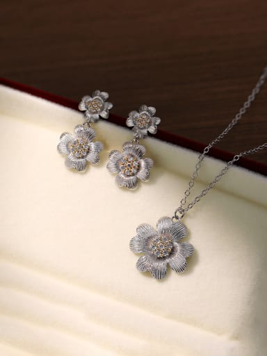 A3327 Platinum Necklace 925 Sterling Silver Minimalist Flower  Earring and Necklace Set