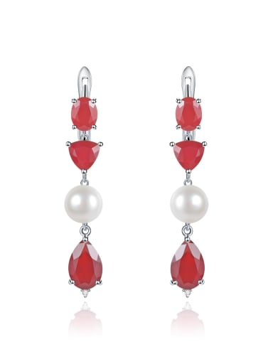 Red agate Pearl Earrings 925 Sterling Silver Emerald Geometric Vintage Drop Earring