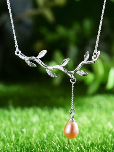 925 Sterling Silver Unique design olive leaf and water drop pearl Dainty Lariat Necklace