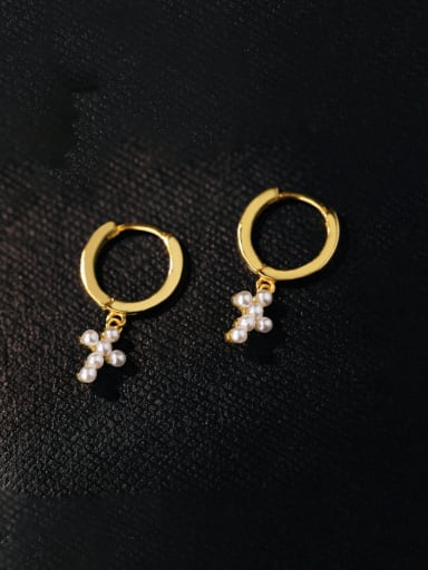 925 Sterling Silver Imitation Pearl Cross Minimalist Huggie Earring