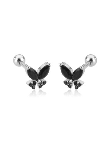 Platinum (Black Stone) 925 Sterling Silver Cubic Zirconia Butterfly Dainty Stud Earring