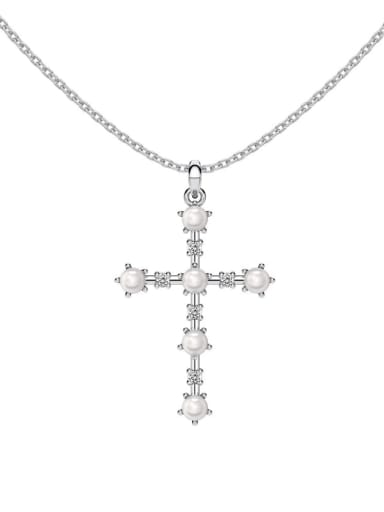 DY190717 S W WH 925 Sterling Silver Imitation Pearl Cross Minimalist Regligious Necklace