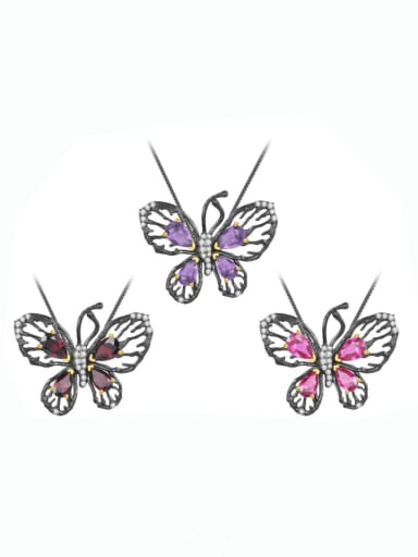 925 Sterling Silver Garnet  Vintage Butterfly Pendant Necklace