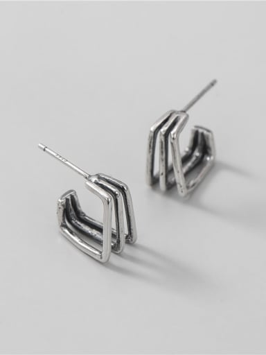 925 Sterling Silver Vintage  Three Layer Square  Stud Earring