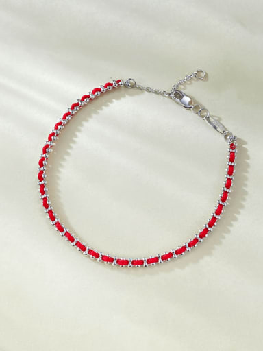 B115 Platinum Red Rope 925 Sterling Silver Cubic Zirconia Geometric Trend Link Bracelet