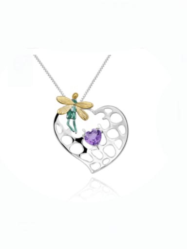925 Sterling Silver Amethyst Dragonfly Heart Artisan Necklace