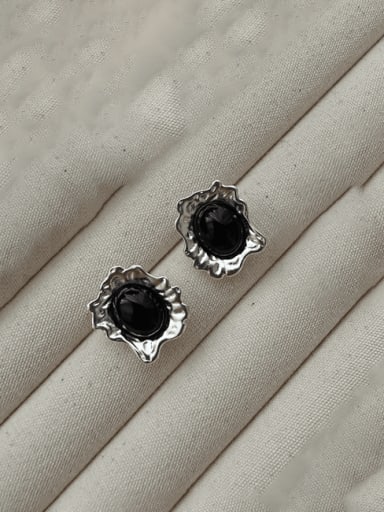 17ES41 black 925 Sterling Silver Carnelian Flower Vintage Stud Earring