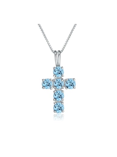 925 Sterling Silver Swiss Blue Topaz Cross Luxury Regligious Necklace
