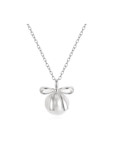 Platinum 925 Sterling Silver Imitation Pearl Bowknot Dainty Necklace