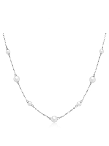 Platinum 925 Sterling Silver Imitation Pearl Geometric Minimalist Necklace