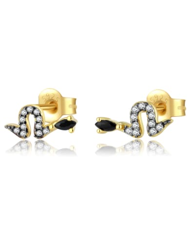 Golden [Black Stone] 925 Sterling Silver Cubic Zirconia Snake Dainty Stud Earring