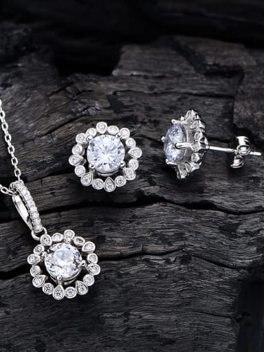 925 Sterling Silver Cubic Zirconia Dainty Flower  Earring and Necklace Set