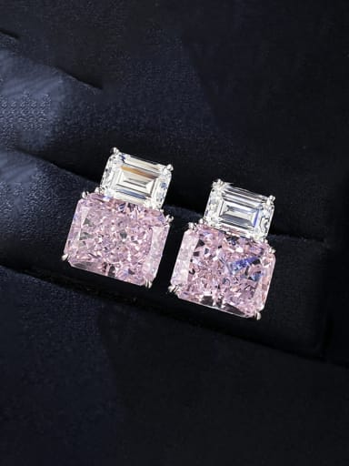 E297 Pink 925 Sterling Silver High Carbon Diamond Square Luxury Stud Earring